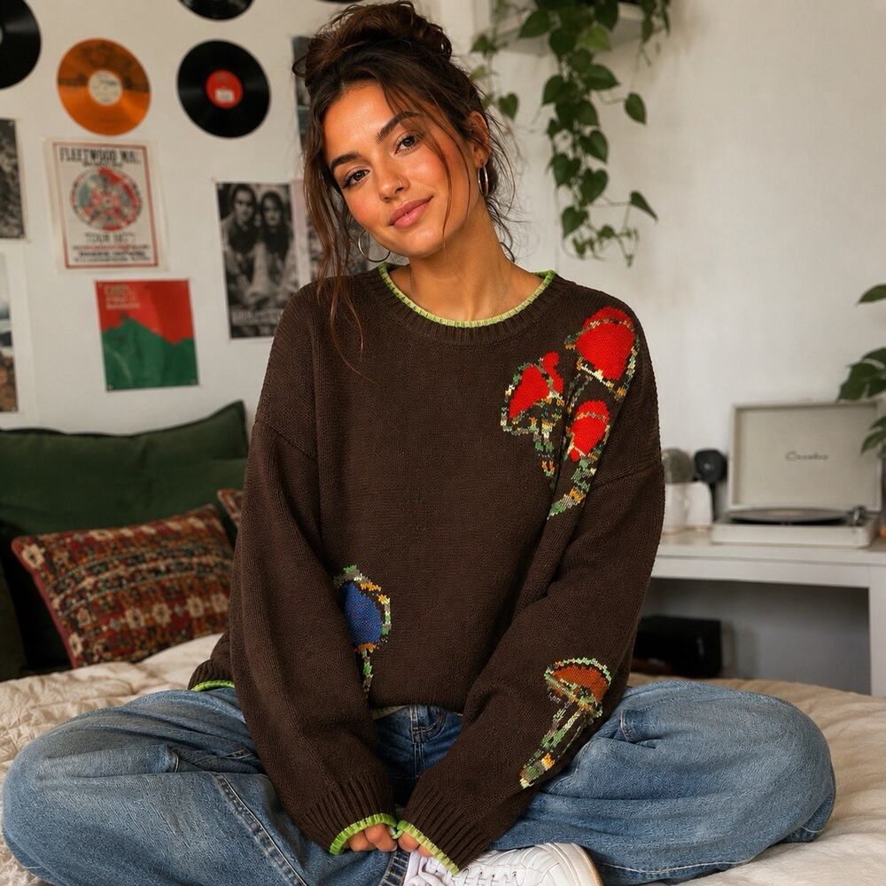 Urban Outfitters Mushroom Knit Sweater Women’s XL Brown Cottagecore Oversized